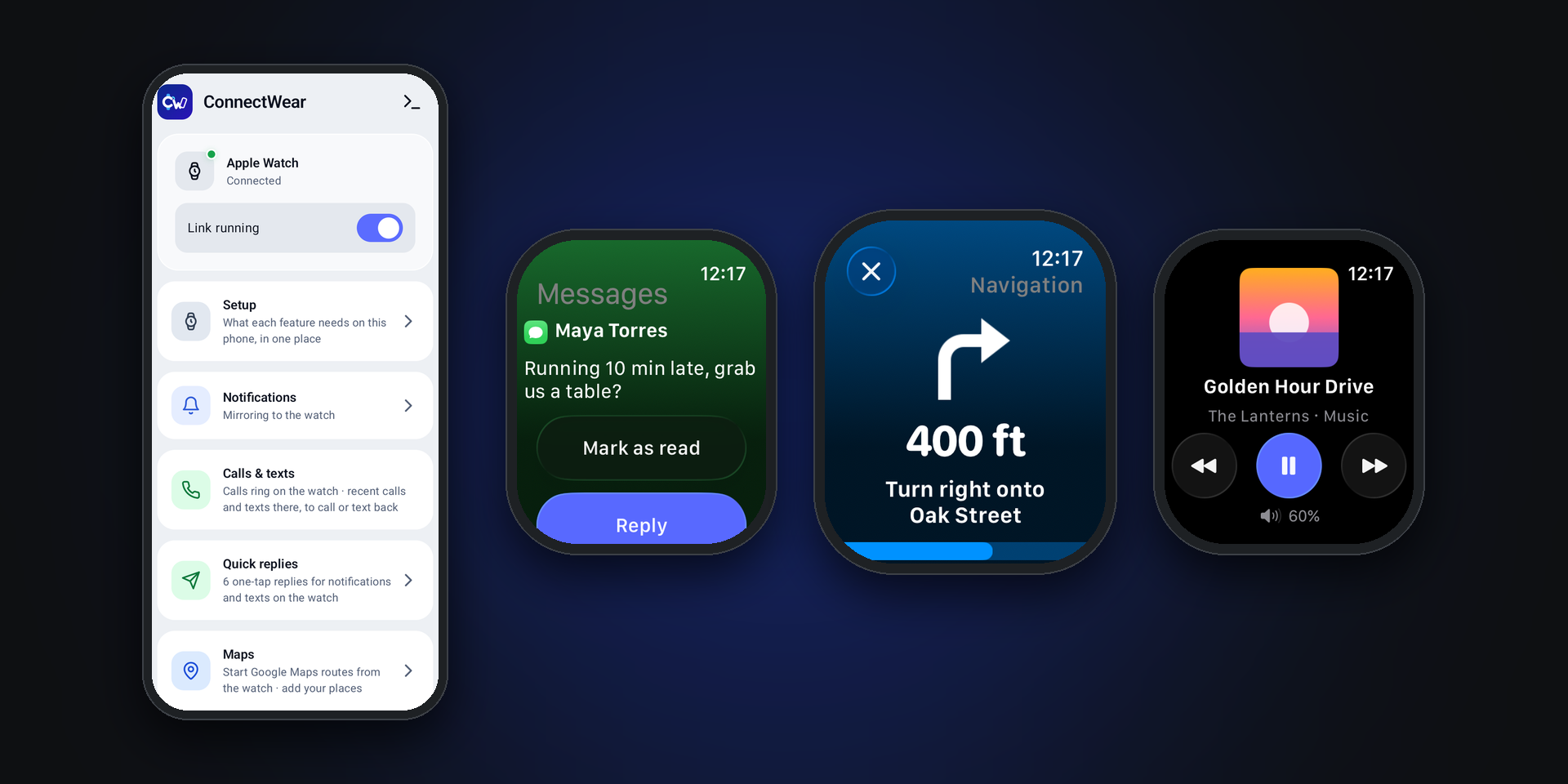 ConnectWear — the Android phone app linked to an Apple Watch showing a message, directions and music