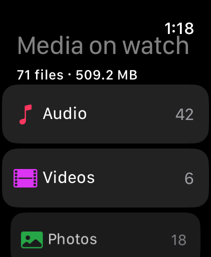 Music, videos, photos and documents stored on the watch