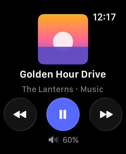 Now Playing on the watch with cover art and playback controls